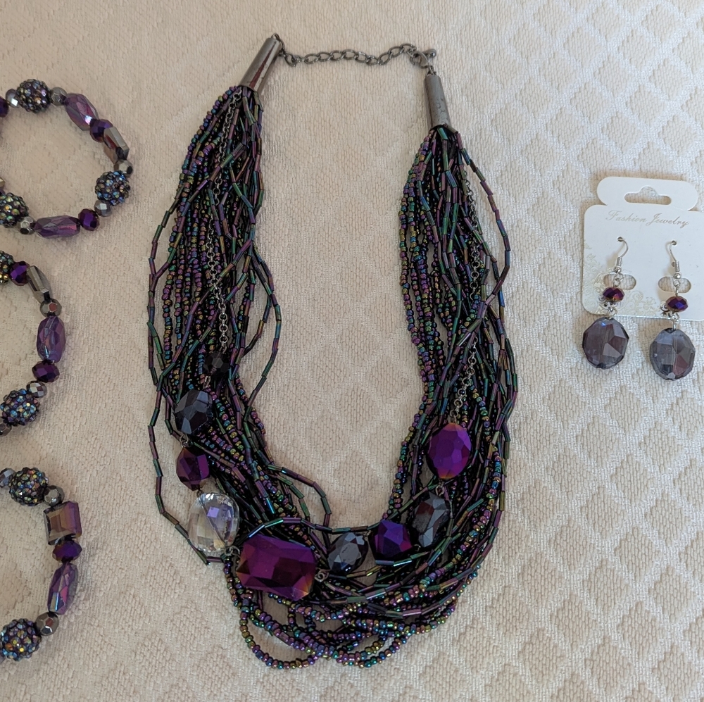 Elegant Purple Beaded Multi-strand Necklace Set
